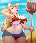  abs anthro athletic athletic_anthro athletic_female big_breasts bodily_fluids breasts canid canine canis clothing domestic_dog female hi_res mammal pitchfork solo sweat thescarletdragon1 thick_thighs tools under_boob 