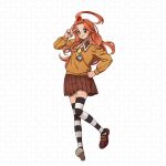  1girl blush brown_skirt chocolat_meilleure commentary_request earrings full_body green_eyes heart-shaped_ornament heart_pendant highres ina2021 jewelry long_hair looking_at_viewer necktie orange_hair school_uniform short_necktie skirt smile solo striped_clothes striped_thighhighs sugar_sugar_rune thighhighs v 