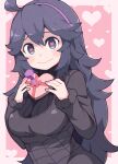  1girl ahoge bangs blush box box_of_chocolates breasts chocolate cleavage closed_mouth commentary dress gift hairband heart heart-shaped_box heart_in_eye hex_maniac_(pokemon) holding holding_box long_hair long_sleeves looking_at_viewer medium_breasts pokemon purple_eyes purple_hair purple_hairband solo spiral_eyes symbol_in_eye upper_body valentine wavy_mouth yokoyoko_(nazonazo) 