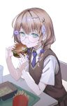  1girl :t braid brown_hair brown_skirt brown_sweater_vest burger chair dress_shirt eating elbow_rest flower food french_fries glasses green_eyes grey-framed_eyewear hair_flower hair_ornament hair_over_shoulder hair_ribbon half_crown_braid highres holding holding_burger holding_food long_hair looking_at_viewer low_twin_braids necktie nijisanji on_chair pleated_skirt purple_flower purple_necktie ribbon round_eyewear school_uniform se1ka2z shirt short_sleeves simple_background sitting skirt solo summer_uniform sweater_vest table tray twin_braids upper_body virtual_youtuber white_background white_ribbon yaguruma_rine yaguruma_rine_(3rd_costume) 
