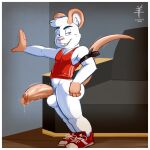  aaron_(artist) anthro balls big_butt big_penis butt clothing footwear furniture genitals hi_res looking_at_viewer male mammal murid murine muscular muscular_anthro muscular_male penis pinup pose rat rodent shirt shoes smile sofa solo topwear young 