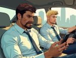  2boys beard black_necktie black_pants blonde_hair blue_eyes brown_hair car_interior cityscape closed_mouth collared_shirt commentary dark-skinned_male dark_skin dress_shirt english_commentary facial_hair highres male_focus medium_sideburns multiple_boys necktie nez overwatch pants reaper_(overwatch) shirt short_hair sitting soldier:_76_(overwatch) steering_wheel white_shirt wing_collar 