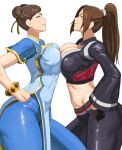  2girls akiman_pose black_gloves black_pants blue_pants bracelet breast_press breasts chinese_clothes chun-li cropped_jacket crossover double_bun eye_contact eyeshadow fatal_fury fatal_fury:_city_of_the_wolves gloves hair_bun hands_on_own_hips highres jewelry looking_at_another makeup motoyui multiple_girls octavius_(octavius_dp) pants shiranui_mai simple_background street_fighter street_fighter_6 symmetrical_docking thick_thighs thighs tight_clothes tight_pants 