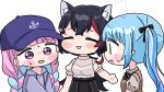  3girls :d anchor_symbol animal_ear_fluff animal_ears baseball_cap black_hair black_skirt blue_hair blush_stickers braid breasts brown_dress brown_eyes closed_eyes clothes_writing drawstring dress flying_sweatdrops grey_hoodie grey_shirt hat highres hololive hood hood_down hoodie long_hair low_ponytail low_twintails medium_breasts minato_aqua mochimiko multicolored_hair multiple_girls ookami_mio pink_hair pleated_skirt ponytail puffy_short_sleeves puffy_sleeves purple_eyes purple_hat red_hair shirt short_sleeves simple_background skirt small_sweatdrop smile streaked_hair sweat translation_request twin_braids twintails two-tone_hair very_long_hair virtual_youtuber white_background wolf_ears yukihana_lamy yukihana_lamy_(casual) 