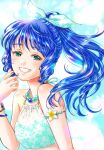  1girl akira_ituki armlet bikini bikini_top blue_bow blue_hair bow bracelet collarbone floating_hair green_eyes grin hair_bow hair_twirling high_ponytail jewelry long_hair looking_at_viewer lynn_minmay macross print_bow shiny shiny_hair smile solo swimsuit upper_body white_bikini 