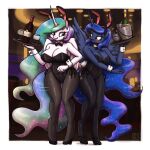 1:1 2019 absurd_res alcohol anthro bare_shoulders beverage big_breasts blue_body blue_hair blush bow_tie breasts bunny_costume butt_bump cleavage clothed clothing container costume cotton_tail cuffs_(clothing) cup drinking_glass duo equid equine fake_ears fake_rabbit_ears fake_rabbit_tail fake_tail female footwear friendship_is_magic glass glass_container glass_cup hair hasbro hi_res high_heels holding_tray hooves horn ice_bucket inside king-kakapo knock-kneed legwear leotard long_hair mammal multicolored_hair my_little_pony mythological_creature mythological_equine mythology pantyhose princess_celestia_(mlp) princess_luna_(mlp) purple_eyes rainbow_hair shoes sparkles sparkling_hair strapless_clothing strapless_leotard teal_eyes unguligrade white_body wine wine_bottle wine_glass winged_unicorn wings