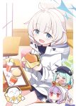  1boy 3girls :d atsuko_(blue_archive) black_hat blue_archive blue_eyes blue_hair blue_halo braid burger card closed_eyes commentary_request credit_card crying doodle_sensei_(blue_archive) food french_fries hair_ornament hairclip halo harada_(sansei_rain) hat highres hiyori_(blue_archive) holding holding_burger holding_card holding_food hood hood_down hooded_jacket indoors jacket jitome layered_sleeves long_sleeves looking_at_viewer maia_(blue_archive) multiple_girls no_mouth open_mouth parallel_hairclips peaked_cap purple_hair red_eyes sensei_(blue_archive) sitting smile tray white_hair white_jacket 