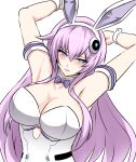  1girl alternate_breast_size animal_ears armpits arms_behind_head arms_up bare_shoulders blue_eyes blush breasts bunny_ears cleavage detached_collar embarrassed fake_animal_ears hair_between_eyes highres large_breasts leotard long_hair looking_at_viewer neptune_(series) pink_hair power_symbol purple_hair purple_sister seshiro_(which501) simple_background solo symbol-shaped_pupils upper_body very_long_hair white_background white_leotard wrist_cuffs 