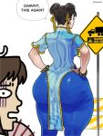  2girls absurdres ass blue_nails bracelet brown_hair china_dress chinese_clothes chun-li cowboy_shot double_bun dress earrings fatal_fury fatal_fury:_city_of_the_wolves from_behind hair_bun hand_fan hands_on_own_hips highres holding holding_fan jewelry multiple_girls pelvic_curtain ribbon road_sign shiranui_mai short_sleeves sign solo_focus speech_bubble street_fighter street_fighter_6 torashu-kun twitter_username white_background yellow_ribbon yellow_trim 