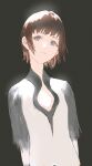  1girl black_background blue_eyes brown_hair closed_mouth expressionless flat_chest highres ico looking_to_the_side reoen shirt short_hair simple_background solo upper_body white_shirt yorda 
