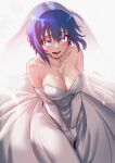  1girl absurdres bare_shoulders blue_eyes blue_hair blush breasts bridal_veil ciel_(tsukihime) cleavage dress elbow_gloves fukou gloves highres large_breasts looking_at_viewer open_mouth smile solo tsukihime tsukihime_(remake) v_arms veil wedding_dress white_dress white_gloves 