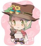  1girl akari-tkn belt biolo_(ragnarok_online) black_belt brown_gloves brown_hat capelet character_name closed_mouth commentary_request corset dated gear_hat_ornament gloves goggles goggles_on_headwear green_eyes green_hair hat hat_ornament looking_at_viewer pink_background pointy_ears purple_corset ragnarok_online red_capelet shirt short_hair smile solo upper_body w white_shirt 