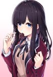  1girl ao_no_neko bangs black_hair black_ribbon blazer blue_eyes breasts brown_background candy chocolate chocolate_heart collared_shirt commentary_request dress_shirt eyebrows_visible_through_hair food food_in_mouth gradient gradient_background hands_up heart highres jacket long_hair long_sleeves looking_at_viewer mouth_hold neck_ribbon open_blazer open_clothes open_jacket original red_jacket ribbon school_uniform shirt small_breasts solo sweater_vest upper_body valentine white_background white_shirt 