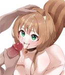  1boy 1girl animal_ear_fluff animal_ears ayunda_risu black_collar breasts brown_hair collar commentary completely_nude cum cum_in_mouth cum_on_body cum_on_breasts cum_on_tongue english_commentary facial fur_collar green_eyes hair_ornament hairclip hand_on_another's_head hetero highres hololive hololive_indonesia leaf_hair_ornament long_hair low_twintails medium_breasts multicolored_hair nude pendant_collar penis simple_background solo_focus squirrel_ears squirrel_girl squirrel_tail streaked_hair tail tongue tongue_out twintails uncensored virtual_youtuber white_background white_hair yuyu5x 