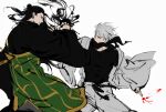  2boys battle black_hair black_robe blue_eyes commentary cowboy_shot cursed_energy_(jujutsu_kaisen) energy_ball getou_suguru gojou_satoru highres jacket jujutsu_kaisen kesa long_hair looking_at_another male_focus multiple_boys pants robe shki00 short_hair simple_background symbol-only_commentary white_background white_hair white_jacket white_pants wide_sleeves 