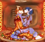 anthro appliance areola blue_body blue_fur blue_hair bodily_fluids breasts canid canine canon_x_oc cooking cooking_with_furs digital_media_(artwork) duo eyes_closed feet female fingers food fox french_kissing fur gore hair hi_res hug hybrid kissing kitchen_appliance krystal_(star_fox) lizard male male/female mammal mrs._stein nintendo nipples nude open_mouth oven oven_tray pawpads plant reptile romantic romantic_ambiance saliva sauce scalie sitting star_fox tail toes tongue tongue_out vegetable