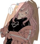  1girl blue_eyes blush bocchi_the_rock! cube_hair_ornament dayama gotoh_hitori hair_ornament highres jacket kessoku_band kessoku_band_logo kessoku_band_t-shirt long_hair looking_at_viewer off-shoulder_jacket off_shoulder pink_hair pink_jacket seductive_smile side_ahoge smile solo sweat translation_request white_background wooden_wall 