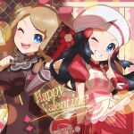  2girls absurdres apron black_hair blue_eyes blush bow buttons clenched_teeth commentary_request dawn_(pokemon) dress eyelashes grin hair_bow happy_valentine highres light_brown_hair long_hair multiple_girls one_eye_closed open_mouth pokemon pokemon_(game) pokemon_masters_ex red_dress serena_(pokemon) short_sleeves smile taisa_(lovemokunae) teeth tongue 