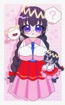  1girl ? alt_0218 black_hair bow braid commentary crown glasses hair_bow halo heart highres jimiko kirby_(series) kirby_64 long_hair long_skirt low_twin_braids one-eyed pink_background pink_skirt purple_eyes red_bow red_eyes ripple_star_queen skirt sleeves_past_fingers sleeves_past_wrists symbol-only_commentary twin_braids zero_two_(kirby) 