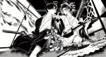  2boys adam&#039;s_apple chinese_commentary collarbone commentary_request dated eye_contact eyeliner flower folding_fan forehead geisha greyscale hair_ornament hairpin hand_fan haori highres holding holding_another&#039;s_wrist holding_instrument indoors instrument instrument_request japanese_clothes kagurabachi kanzashi katana kimono looking_at_another makeup male_focus mark_under_both_eyes monochrome multiple_boys multiple_hairpins nihongami parted_bangs partial_commentary samura_seiichi short_hair shouji side-by-side signature sitting sliding_doors sword uruha_youji weapon whalebone_1022 yaoi 