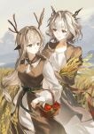  2girls alina_(arknights) animal_ears antlers apple arknights basket black_horns brown_dress chazz_(chazz1220) closed_mouth commentary_request cowboy_shot day deer_antlers deer_ears deer_girl dragon_girl dragon_horns dress food fruit grey_hair hair_intakes highres holding holding_basket horns long_hair long_sleeves looking_at_another looking_back multiple_girls open_mouth outdoors sky smile talulah_(arknights) wheat wheat_field white_dress 