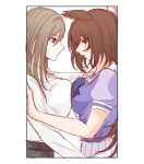  2girls absurdres ama_kara_23 animal_ears bare_shoulders black_pants bow bowtie breast_press breasts closed_mouth cramped ear_ornament expressionless female_trainer_(umamusume) grey_hair hair_between_eyes highres horse_ears horse_girl large_breasts looking_at_another looking_at_breasts multiple_girls pants parted_lips pleated_skirt puffy_short_sleeves puffy_sleeves purple_bow purple_bowtie purple_shirt red_eyes sailor_collar school_uniform shirt short_sleeves sirius_symboli_(umamusume) skirt sweatdrop symmetrical_docking tracen_school_uniform trainer_(umamusume) umamusume white_sailor_collar white_shirt white_skirt yuri 