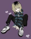 1girl bags_under_eyes black_hair black_pants blonde_hair closed_mouth creepers full_body grey_lips heart lock_necklace long_hair looking_to_the_side multicolored_hair nu_punxxxz orange_eyes original pants print_socks purple_background shoes simple_background sitting skull_and_crossbones smile socks solo striped_clothes striped_sweater sweater two-tone_hair white_shoes 