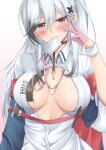  1girl azur_lane blush breasts butterfly_hair_ornament center_opening choker cleavage_cutout clothing_cutout commentary_request cosplay dunkerque_(azur_lane) gloves grey_hair hair_ornament half_gloves highres id_card lanyard large_breasts looking_at_viewer lou_(09991) mouth_hold nurse perseus_(azur_lane) perseus_(azur_lane)_(cosplay) perseus_(nursery_service_time)_(azur_lane) pink_gloves red_eyes sidelocks syringe upper_body 