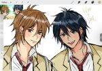  2boys art_program_in_frame black_hair blush brothers brown_hair commentary earrings fangs hair_between_eyes hashtag-only_commentary highres icejiinhalamy jacket jewelry multiple_boys necktie red_necktie school_uniform shirt short_hair siblings smile soul_(sugar_sugar_rune) sugar_sugar_rune symbol-only_commentary twins white_shirt woo_(sugar_sugar_rune) yellow_jacket 