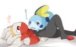  3_fingers ambiguous_gender ambiguous_on_top anthro blue_body blue_eyes duo female female_on_bottom fingers hi_res nintendo on_bottom on_top open_mouth pok&eacute;mon pok&eacute;mon_(species) prrrrrrmine raboot semi-anthro simple_background sobble video_games white_background 