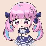  1girl ahoge anchor_symbol blue_dress blue_hair blue_ribbon blush_stickers bow braid brown_background chibi commentary_request dress finger_touching frilled_dress frills hair_ribbon hololive long_hair looking_down minato_aqua minato_aqua_(1st_costume) mochimiko multicolored_hair parted_lips pink_hair puffy_short_sleeves puffy_sleeves purple_eyes ribbon short_sleeves simple_background solo streaked_hair twintails two-tone_hair very_long_hair virtual_youtuber white_bow 