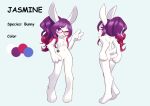 anthro blue_background blush breasts butt character_name chest_tuft color_swatch english_text eyebrows eyewear female female_anthro footprint fur genitals gesture glasses hair hand_gesture hand_on_butt hand_on_own_butt jasmine_(floofer318) knock-kneed lagomorph leporid long_ears long_hair looking_at_viewer looking_back looking_back_at_viewer mammal model_sheet navel nude nude_anthro nude_female one_eye_closed pawprint pawprint_tattoo purple_eyebrows purple_eyes purple_hair rabbit red_eyewear red_glasses red_hair scut_tail short_tail simple_background small_breasts smile solo species_name spread_butt spreading standing tail tattoo text tongue tongue_out tuft unousaya v_sign vulva wearing_glasses white_body white_fur wink winking_at_viewer