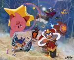  absurdres armor bandana bandana_waddle_dee bendedede blipper blue_bandana blue_cape broom broom_riding cape chef_kawasaki closed_eyes colored_skin copyright_logo explosion fatty_whale galaxia_(sword) gooey_(kirby) headphones highres holding holding_microphone holding_sword holding_weapon keke_(kirby) king_dedede kirby kirby_(series) kirby_air_ride kirby_air_riders knuckle_joe logo microphone musical_note outdoors pauldrons pink_skin pom_pom_(clothes) racing rainbow reflection reflective_water shadow_star shoulder_armor star_(symbol) starman_(kirby) swerve_star sword warp_star weapon wheelie_(kirby) 