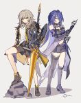 2girls absurdres acheron_(honkai:_star_rail) artist_name asymmetrical_footwear black_boots black_gloves black_jacket black_shorts black_skirt black_tank_top boots breasts bridal_gauntlets chain closed_mouth commentary_request crop_top full_body gloves grey_hair hair_between_eyes hair_ornament hair_over_one_eye hand_up high_heel_boots high_heels highres holding holding_polearm holding_sword holding_weapon honkai:_star_rail honkai_(series) jacket lance lapels large_breasts leg_tattoo long_hair long_sleeves looking_at_viewer medium_breasts midriff miniskirt mismatched_footwear multicolored_hair multiple_girls navel open_clothes open_jacket planted polearm purple_boots purple_eyes purple_hair purple_jacket rizu033 rock shadow shirt short_shorts shorts sidelocks signature simple_background skirt stelle_(honkai:_star_rail) streaked_hair sword t-shirt tank_top tattoo thigh_boots thigh_strap trailblazer_(honkai:_star_rail) two-sided_fabric two-sided_jacket v-shaped_eyebrows weapon white_background white_hair white_shirt yellow_eyes yellow_jacket 