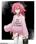  1boy artist_name astolfo_(fate) bag black_bow black_choker blush border bottomless bow choker clothes_writing collared_shirt commentary dankodeadzone disconnected_mouth english_commentary english_text erection eyebrows_visible_through_hair fang fate_(series) finni_081 hair_between_eyes hair_bow hair_intakes hair_ribbon highres holding holding_bag layered_clothing long_hair long_sleeves looking_at_viewer male_focus meme_attire monster_energy multicolored_hair naughty_face otoko_no_ko outline outside_border patreon_logo patreon_username penis pink_eyes pink_hair pink_shirt product_placement ribbon shirt shopping_bag sleeves_past_fingers sleeves_past_wrists smile solo standing streaked_hair testicles thighhighs tongue tongue_out uncensored underwear veins veiny_penis very_long_hair watermark web_address white_border white_legwear white_shirt 