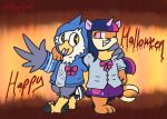 2_tails 3_toes beak black_claws blue_body blue_clothing blue_feathers blue_hair blue_hoodie blue_topwear bottomwear bow_tie buizel claws clothed clothing collared_shirt costume crossdressing dress_shirt duo fake_ears fake_unicorn_horn feathers feet fur generation_4_pokemon generation_5_pokemon grey_clothing grey_shirt grey_topwear hair halloween holidays hoodie lotus_(psykwol) male male/male meme mordetwi multi_tail nintendo open_beak open_mouth open_smile orange_body orange_fur pink_bow pink_bow_tie pink_eyes pink_hair pokemon pokemon_(species) psykwol purple_bottomwear purple_clothing purple_hair purple_skirt rufflet shirt skirt smile star_eyes tail tail_feathers tan_body tan_fur teeth toes topwear white_body white_feathers winged_arms wings yellow_talons