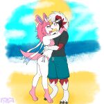 2025 anthro beach bikini blush braixian breasts canid canine clothed clothing cute_fangs digital_media_(artwork) duo eeveelution fangs female fur game_freak generation_6_pokemon generation_7_pokemon hi_res interspecies interspecies_romance kissing love lycanroc male male/female mammal midnight_lycanroc nintendo outside pokemon pokemon_(species) red_body red_fur romantic romantic_couple sand seaside smile swimming_trunks swimwear sylveon tail teeth two-piece_swimsuit water white_body white_fur