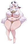  +_+ 1girl animal_ear_piercing animal_ears bare_legs barefoot belly belly_grab blush breasts bright_pupils cape earrings highres hoop_earrings horns huge_breasts hui_z_jie jewelry multicolored_hair navel original panties parted_lips plump red_eyes red_hair sheep_ears sheep_girl short_hair simple_background streaked_hair thick_eyebrows thick_thighs thighs underboob underwear white_background white_hair white_pupils wide_hips yellow_panties 