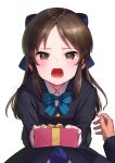  1boy 1girl bangs black_dress blue_bow bow box brown_eyes brown_hair collared_shirt dress eyebrows_visible_through_hair forehead gift gift_box hair_bow holding holding_gift idolmaster idolmaster_cinderella_girls long_hair long_sleeves looking_at_viewer open_mouth parted_bangs pettan_p shirt simple_background solo_focus tachibana_arisu valentine very_long_hair white_background white_shirt 