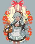  1girl animal_ears basket bee blue_flower breasts bug bunny_ears cleavage cleavage_cutout clothing_cutout dark_skin dark_skinned_female feet_out_of_frame flower grey_eyes grey_hair insect l_hakase leaf long_hair open_mouth original red_flower red_ribbon ribbon smile solo twitter_username white_flower white_nails yellow_flower 