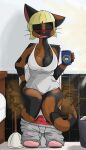  absurd_res anthro bathroom big_breasts black_body black_fur blonde_hair blush bottomwear bottomwear_down breasts brown_body brown_fur bureau_of_alcohol_tobacco_and_firearms butt clothed clothing coffee_mug digital_media_(artwork) domestic_cat facial_scar fart fart_cloud fart_fetish felid feline felis female fur hair hi_res implied_scat mammal mavis_(notmypornaccount) mottled notmypornaccount open_mouth panties pants pants_down partially_clothed piebald plunger scar shirt sitting solo steam sweatpants tail tank_top text thick_thighs toilet toilet_paper toilet_use topwear tortoiseshell_cat trash_can tuft underwear yawn 