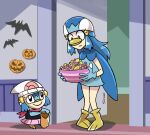  1girl animal_print bag bat_print beanie blush candy character_mask cosplay dawn dawn_(pokemon) dawn_(pokemon)_(cosplay) fake_beak food halloween hat highres holding holding_bag long_hair mask piplup piplup_(cosplay) pokemon pokemon_(creature) pokemon_dppt pumpkin_print scarf siczak skirt sleeveless 
