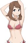  1girl armpits arms_up artist_name bangs bikini blue_eyes breasts brown_hair cleavage commentary english_commentary eyebrows_visible_through_hair eyelashes highres light_blush long_hair may_(pokemon) milka_(milk4ppl) navel parted_lips pink_bikini pokemon pokemon_(anime) pokemon_m08 pokemon_rse_(anime) smile solo sparkle swimsuit white_background 