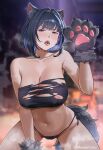  1girl animal_ears animal_hands areola_slip bikini black_bikini blue_eyes blue_hair blurry blurry_background breasts colored_inner_hair commentary english_commentary extra_ears fangs gloves hair_intakes hand_up highres hololive hololive_english kemonomimi_mode kneeling large_areolae large_breasts looking_at_viewer multicolored_hair navel nevee open_mouth ouro_kronii paw_gloves saliva short_hair side-tie_bikini_bottom solo stomach strapless strapless_bikini string_bikini swimsuit tail teeth torn_bikini torn_clothes upper_teeth_only virtual_youtuber wolf_ears wolf_girl wolf_tail 