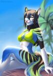 2023 anthro arm_markings armlet bent_leg black_body black_fur black_hair black_markings black_neck black_stripes blue_body blue_fur bra breasts claws clothing countershade_torso countershading day detailed_background digital_media_(artwork) ear_markings ellever-10 facial_markings felid female female_anthro finger_claws fur gloves_(marking) green_body green_bra green_clothing green_fur green_markings green_underwear hair head_markings hi_res leg_markings long_hair looking_at_viewer mammal markings medium_breasts multicolored_body multicolored_fur multicolored_tail outside palm_tree pink_nose plant pointy_ears prick_ears sitting sky solo striped_arms striped_body striped_fur striped_legs striped_markings stripes tail tail_markings thigh_markings tree underwear white_body white_countershading white_fur white_inner_ear white_markings