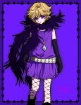  1girl black_gloves blonde_hair boots closed_mouth diamond_(shape) dress earrings elbow_gloves feather_boa fishnet_pantyhose fishnets gloves hair_between_eyes hashtag-only_commentary highres jewelry lagka_rocka looking_at_viewer pantyhose purple_background purple_dress sash short_hair solo sugar_sugar_rune vanilla_mieux 