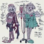  2girls alternate_costume animal_ears bags_under_eyes bandaged_arm bandaged_head bandaged_leg bandages bird_ears bobotatamu buttons clipboard closed_mouth commentary_request eyepatch feathered_wings full_body garter_straps gauze_on_arm green_eyes grey_background halloween halloween_costume hat highres intravenous_drip japanese_clothes kimono limited_palette looking_at_viewer medical_eyepatch midriff miniskirt multiple_girls mystia_lorelei navel nurse_cap open_mouth red_eyes shirt short_hair simple_background sitting skirt slippers smile thighhighs torn_clothes torn_thighhighs touhou translation_request wings wriggle_nightbug 
