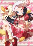  1girl absurdres alcremie alcremie_(strawberry_sweet) apron black_hair blue_eyes blush clenched_teeth commentary_request dawn_(pokemon) dress eyelashes floating_hair gen_8_pokemon grin hand_up heart highres index_finger_raised leg_warmers long_hair one_eye_closed pokemon pokemon_(creature) pokemon_(game) pokemon_masters_ex red_footwear shoes short_sleeves smile taisa_(lovemokunae) teeth 