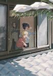  1girl 2boys black_eyes black_hair blonde_hair blue_eyes child grey_shirt hair_between_eyes highres jenmushroom long_hair looking_through_window mother_and_son multiple_boys naruto_(series) open_mouth outstretched_hand parted_bangs parted_lips pine_tree red_shirt shirt short_hair smile snow snowing spiked_hair tree uchiha_mikoto uchiha_sasuke uzumaki_naruto window winter 