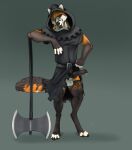 2017 animal_genitalia animal_penis anthro axe balls battle_axe black_body black_fur bodily_fluids bottomwear canid canine canine_genitalia canine_penis clothed clothing dripping erection fishnet_clothing fishnet_leggings fishnet_legwear fox fur furgonomic_headwear furgonomic_hood furgonomics genital_fluids genitals hi_res homogenousrule hood knot knotted_penis leggings legwear male mammal open_mouth open_smile orange_body orange_fur penis precum precum_drip raised_bottomwear raised_clothing robe saerro sheath simple_background smile solo standing teeth whiskers white_body white_fur